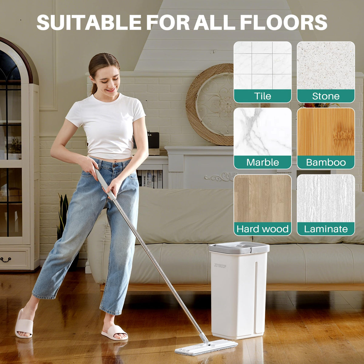 JOYMOOP Flat Mop System, Microfiber Mop and Bucket Set, White, Commercial & Household Use, Hardwood Floor & Wall Cleaning Mop with Long Handle, 4 Microfiber Pads