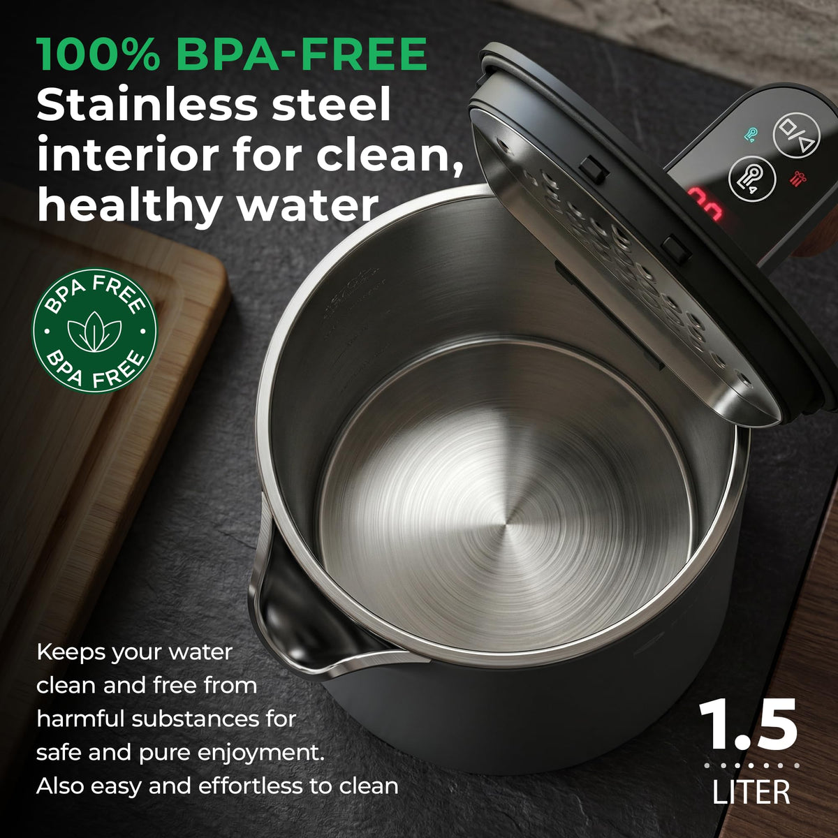 BALTER Electric Kettle with Temperature control, 113 °F – 212 °F, Tea pot, Stainless steel, double wall water kettle, BPA-free, 1.5 L, Black