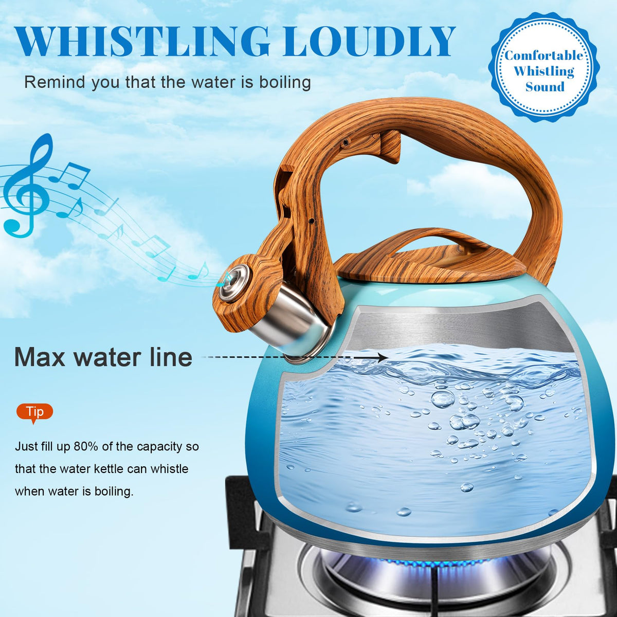 GGC Whistling Tea Kettle for Stove Top, 3.2QT/3L Stainless Steel Tea Kettle