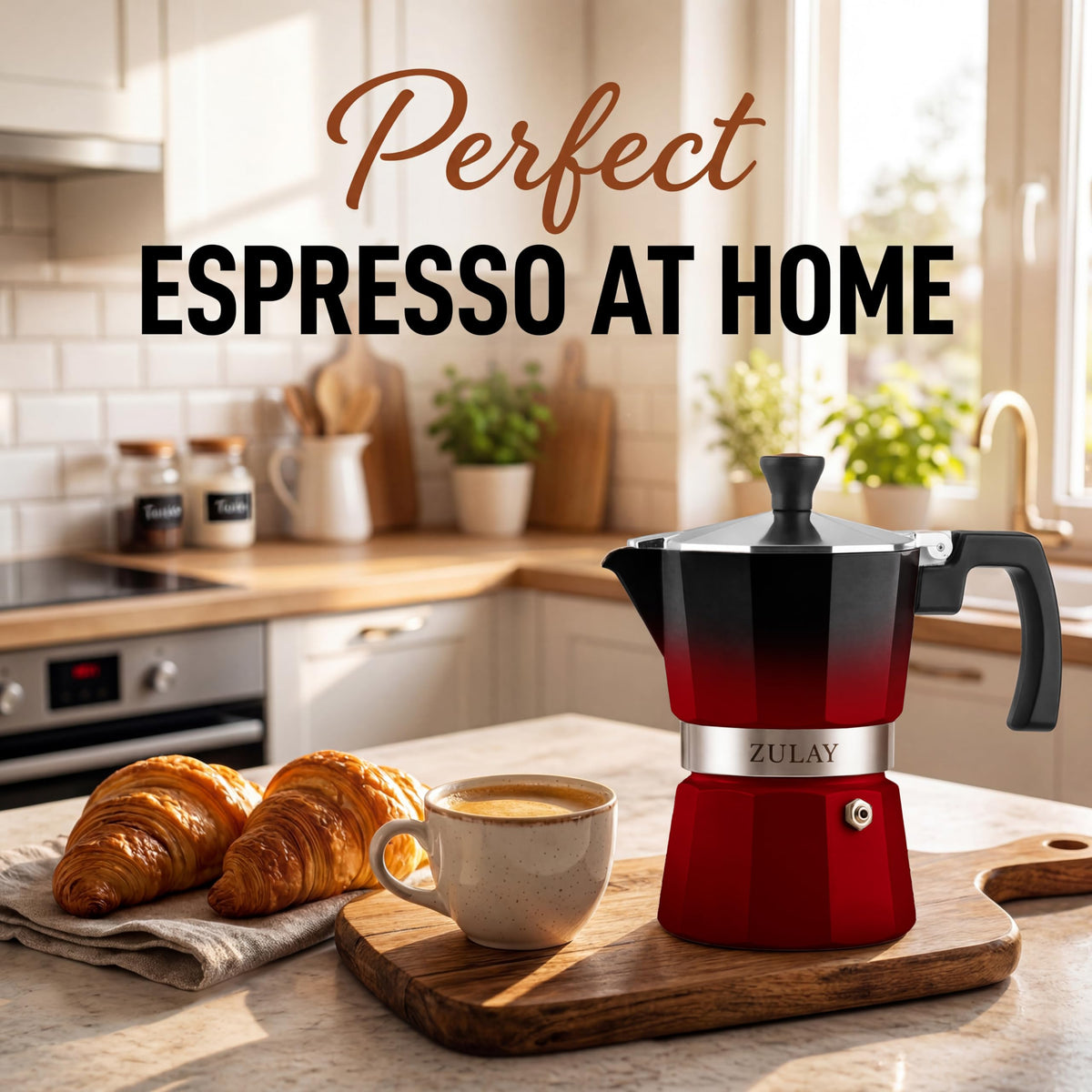 Zulay Moka Pot Espresso Stovetop Coffee Maker - Leak-Proof, Stainless Steel, Easy to Clean, Heat Resistant Handle & Knob - for Authentic Cuban & Italian Style Espresso - Makes 6 Espresso Cups - Red