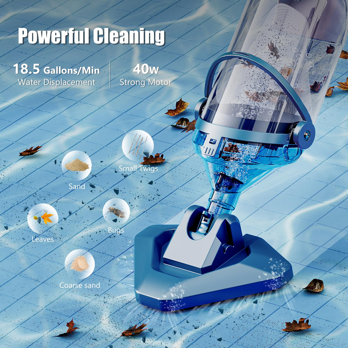 Enhulk Rechargeable Handheld Cordless Pool Vacuum for Above Ground Pool and Inground Pool, 60-Minute Runtime,Powerful Suction up to 18.5 gallons/min, Efficient Leaf and Debris Removal, PC10 Pro