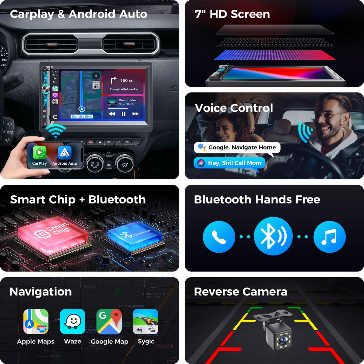 Double Din Car Stereo with 7" HD Touchscreen, Wireless Apple Carplay & Android Auto, Bluetooth, 240W, SWC, Subwoofer Output, Mirror Link, FM/AM Car Radio Receiver, Backup Camera
