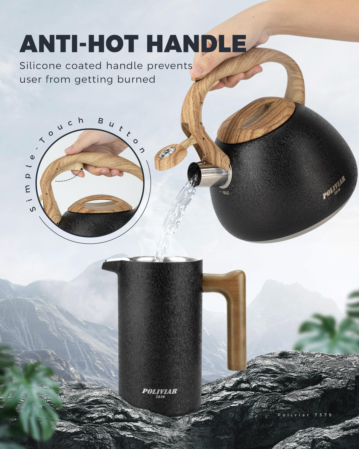 POLIVIAR Tea Kettle, 2.7 Quart Natural Stone Finish with Wood Pattern Handle Loud Whistle Food Grade Stainless Steel Teapot, Anti-Hot Handle and Anti-Rust, Suitable for All Heat Sources (JX2018-GR20)