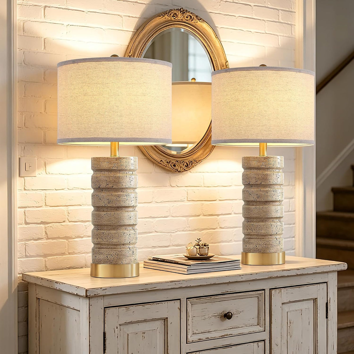 AIEAMPDO 26" Set of 2 Travertine Resin Table Lamps for Bedroom, Brass Base