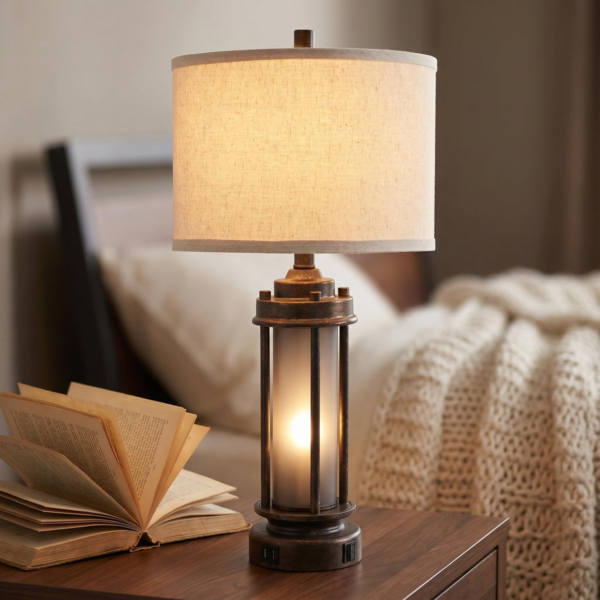AIEAMPDO 25'' Set of 2 Farmhouse Table Lamps for Living Room with USB C+A