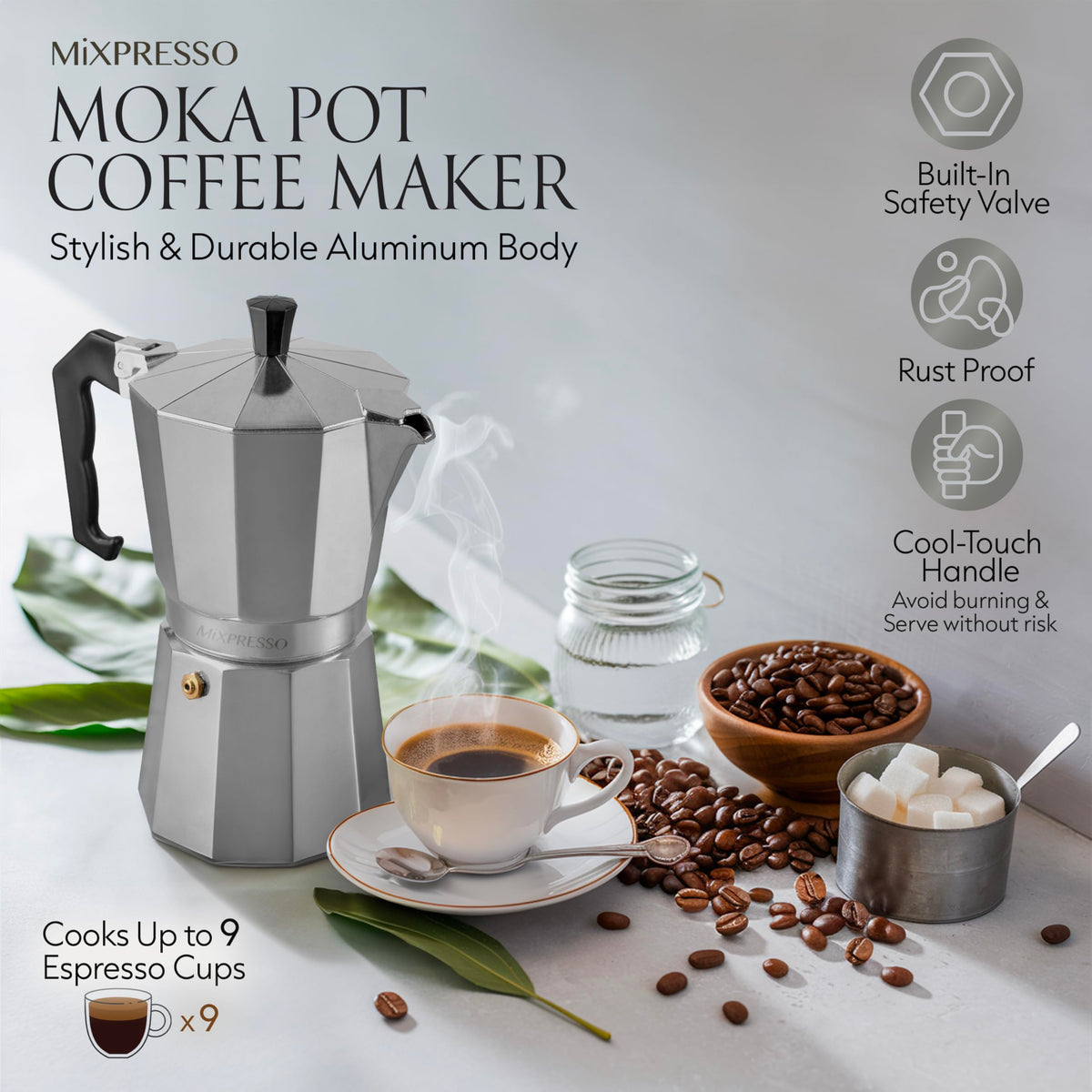 Mixpresso 3 Cup Moka Pot Stovetop Espresso Maker, Italian Cuban Coffee Pot