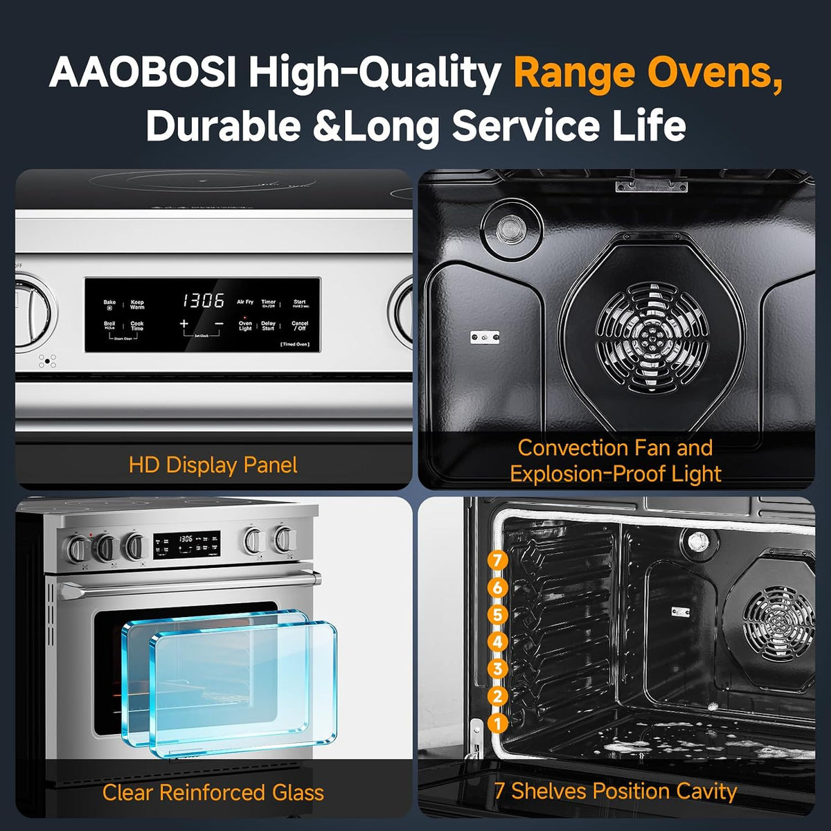 AAOBOSI 36 Inch 6 Cu.Ft Front Control Electric Range Oven with 5 Cooktop Elements,9 Cooking Power Level 9300W, Smrt Control Air Fryer Convection Self Clean Freestanding Oven,240V(No Powercord)