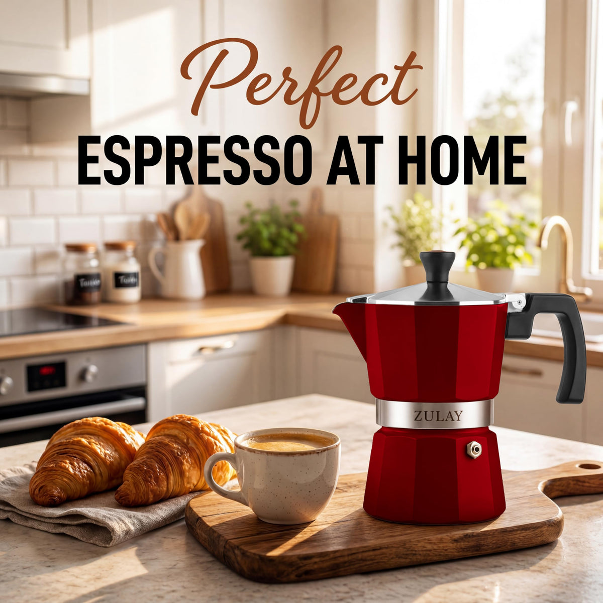 Zulay Moka Pot Espresso Stovetop Coffee Maker - Leak-Proof, Stainless Steel, Easy to Clean, Heat Resistant Handle & Knob - for Authentic Cuban & Italian Style Espresso - Makes 6 Espresso Cups - Red