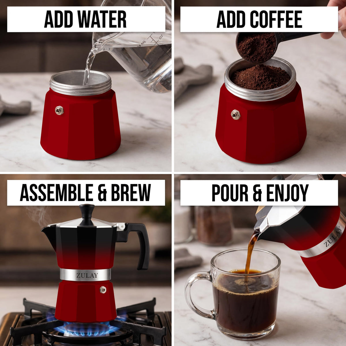 Zulay Moka Pot Espresso Stovetop Coffee Maker - Leak-Proof, Stainless Steel, Easy to Clean, Heat Resistant Handle & Knob - for Authentic Cuban & Italian Style Espresso - Makes 6 Espresso Cups - Red
