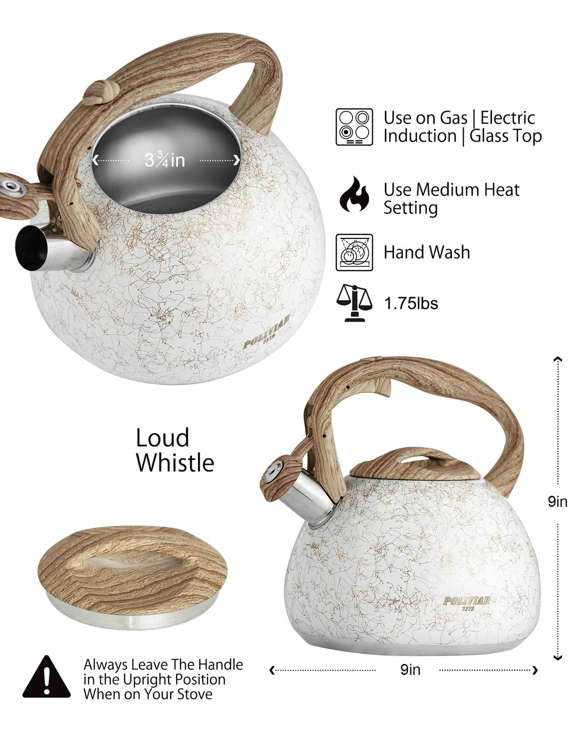 POLIVIAR Tea Kettle, 2.7 Quart Natural Stone Finish with Wood Pattern Handle Loud Whistle Food Grade Stainless Steel Teapot, Anti-Hot Handle and Anti-Rust, Suitable for All Heat Sources (JX2018-GR20)