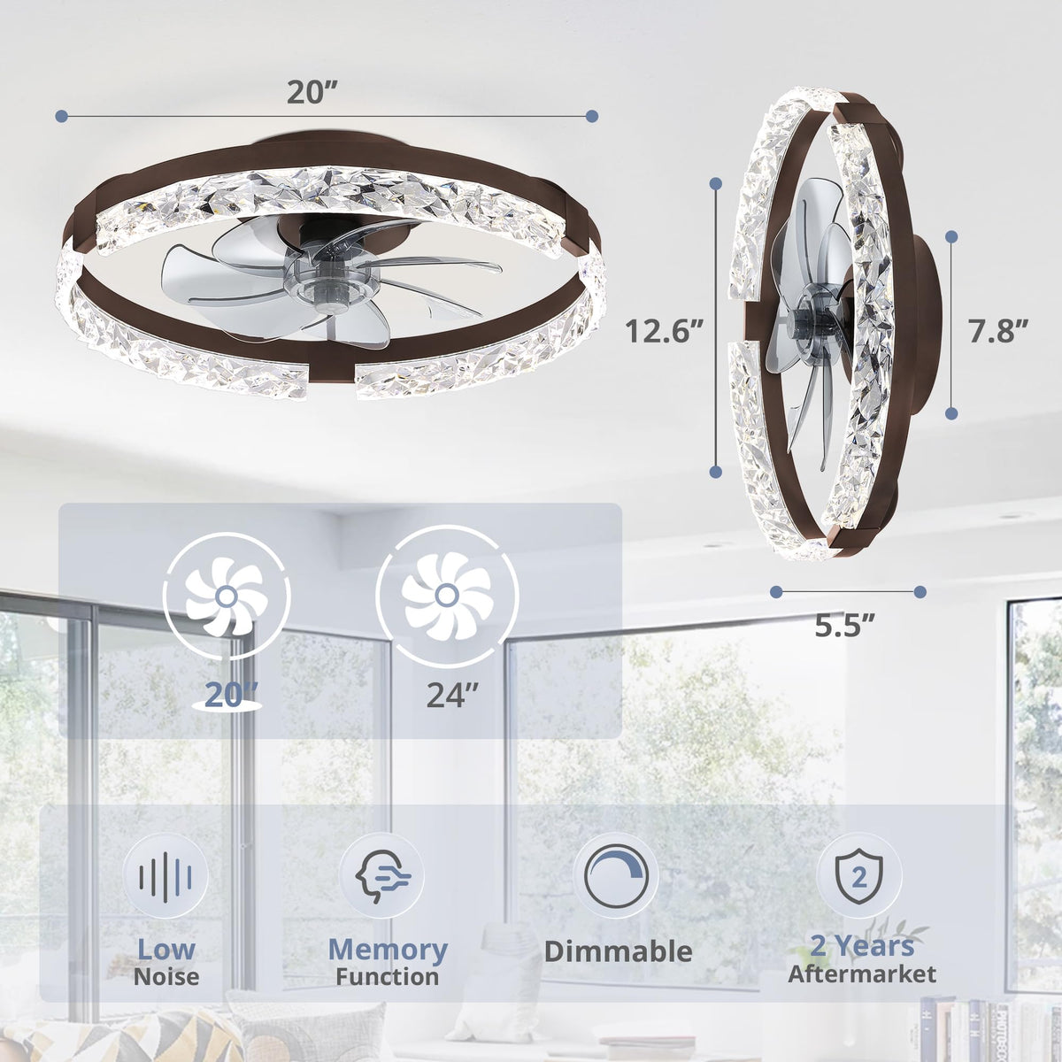 LEDIARY 20" Modern Ceiling Fans with Lights and Remote, White Fandelier