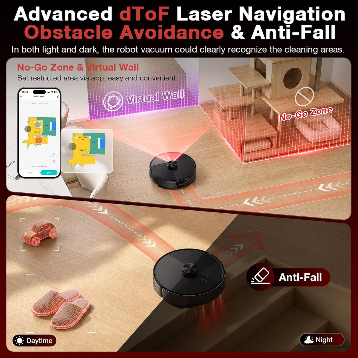 Robot Vacuum and Mop Combo, 12,000 Pa Strong Suction, dToF Laser Navigation with 5 Maps, 90 Days Self-Empty, App Control, Anti-Tangle Brush, for Pet Hair Carpet & Hard Floor