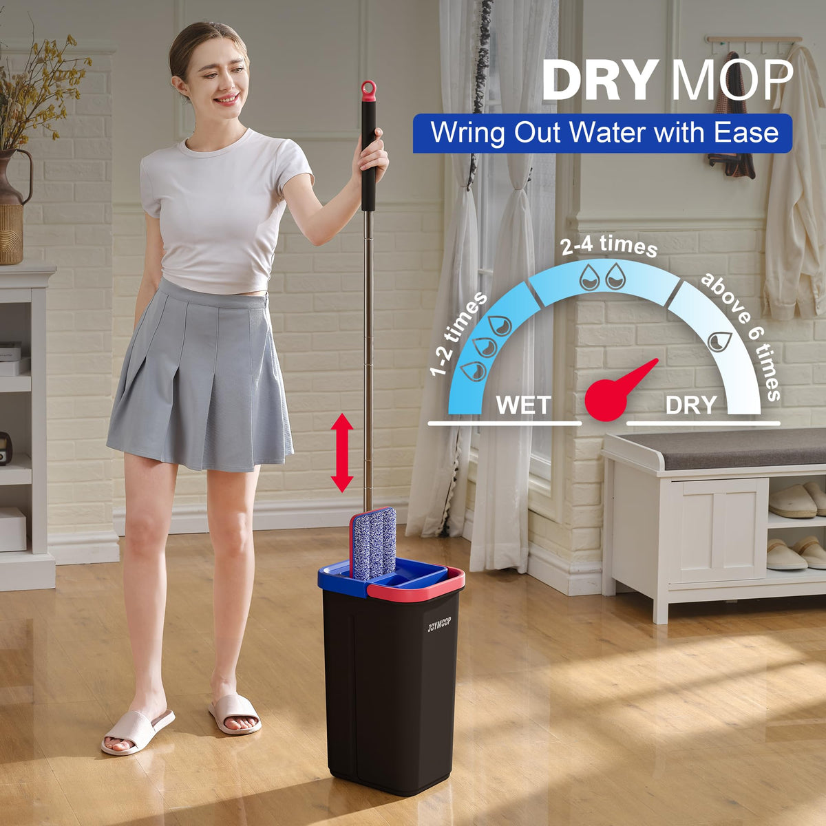 JOYMOOP Flat Mop System, Microfiber Mop and Bucket Set, White, Commercial & Household Use, Hardwood Floor & Wall Cleaning Mop with Long Handle, 4 Microfiber Pads
