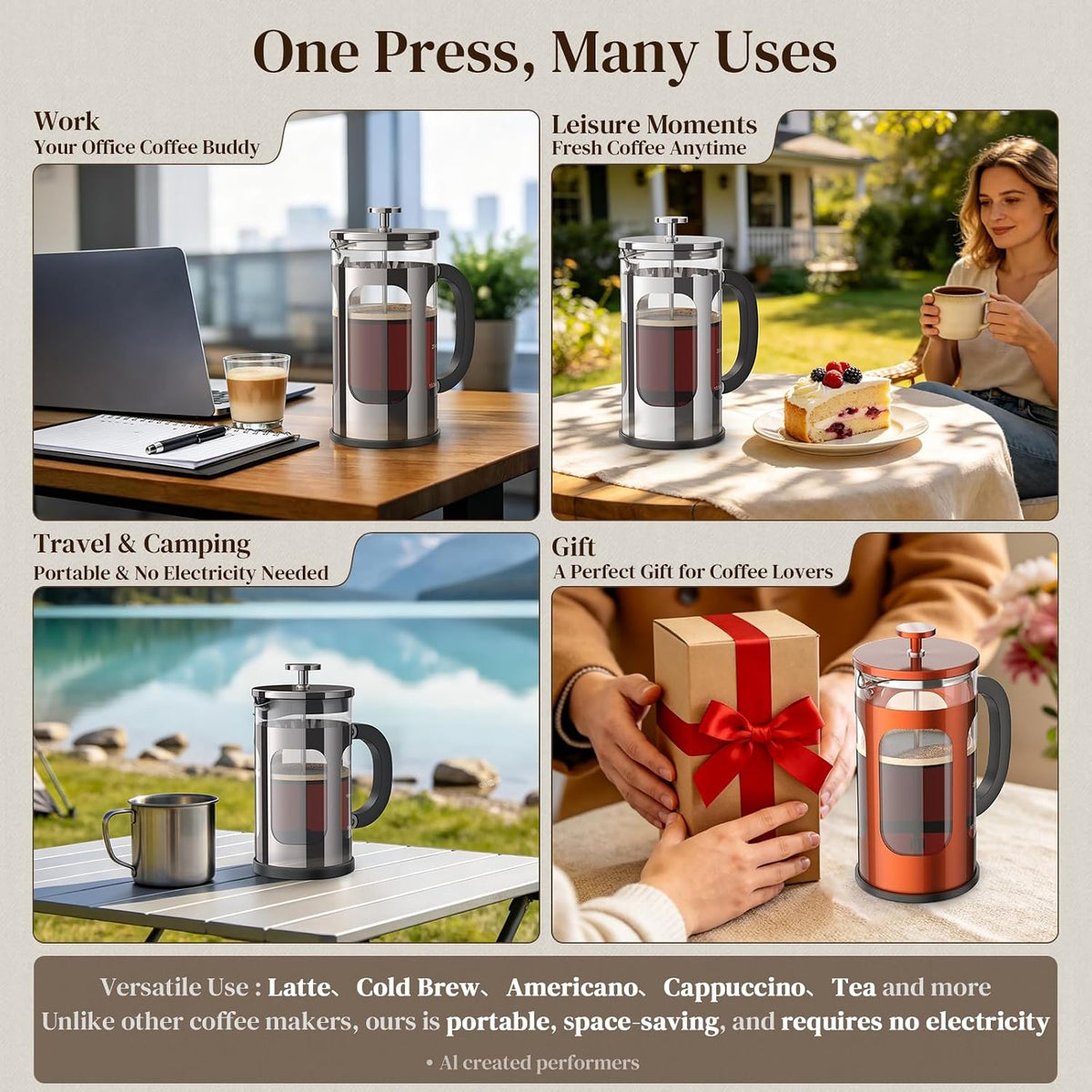 Veken 34oz French Press Coffee Maker, No Plastic Touching Cafe,1 L Cafetera