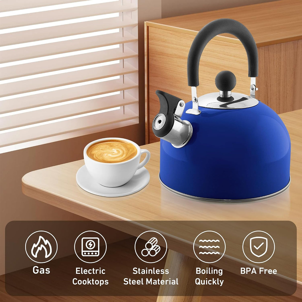 Lily's Home 2 Quart Stainless Steel Whistling Tea Kettle, the Perfect Stovetop Tea and Water Boilers for Your Home, Dorm, Condo or Apartment. (Blue)