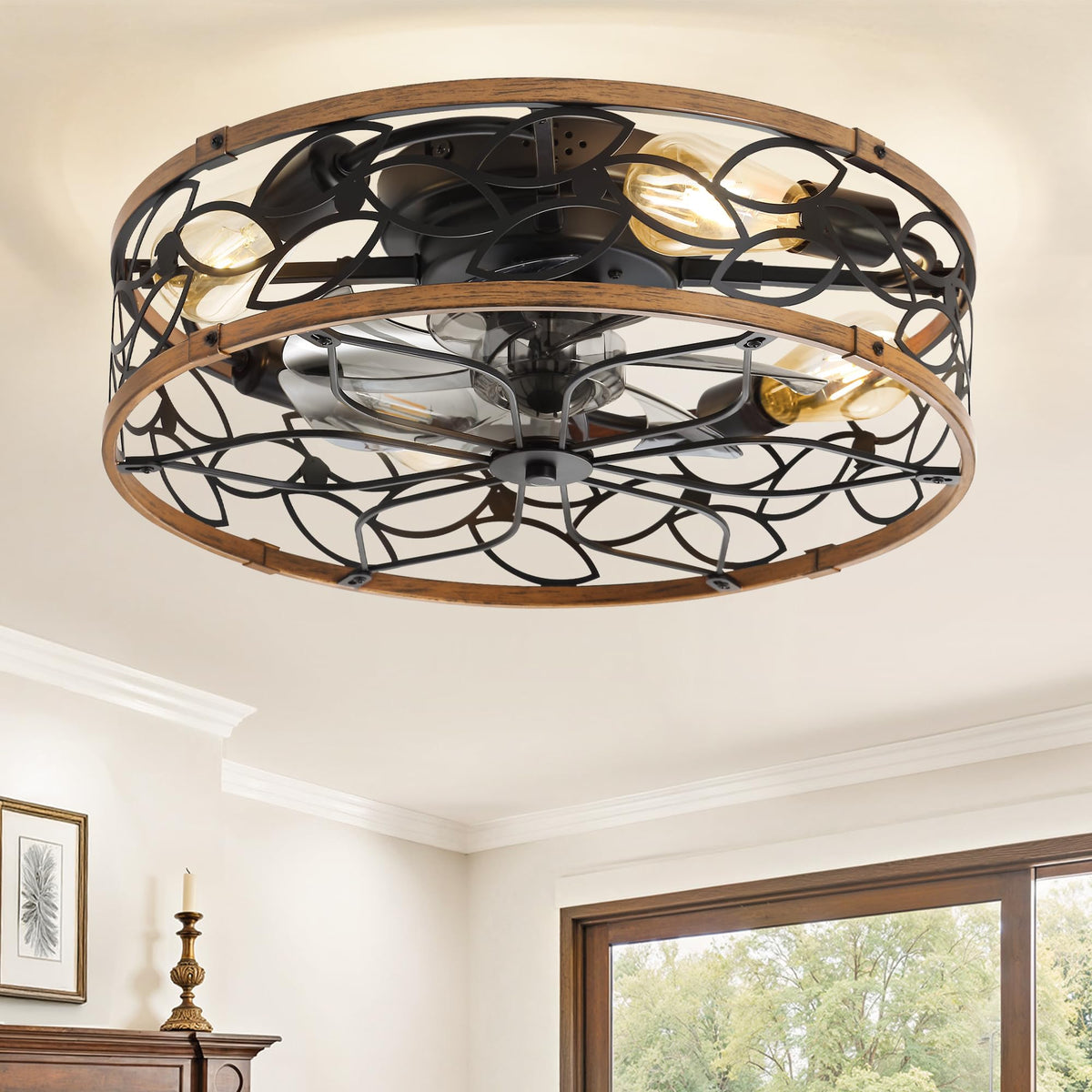 LEDIARY Caged Ceiling Fan with Light, Flush Mount Fandalier with Remote