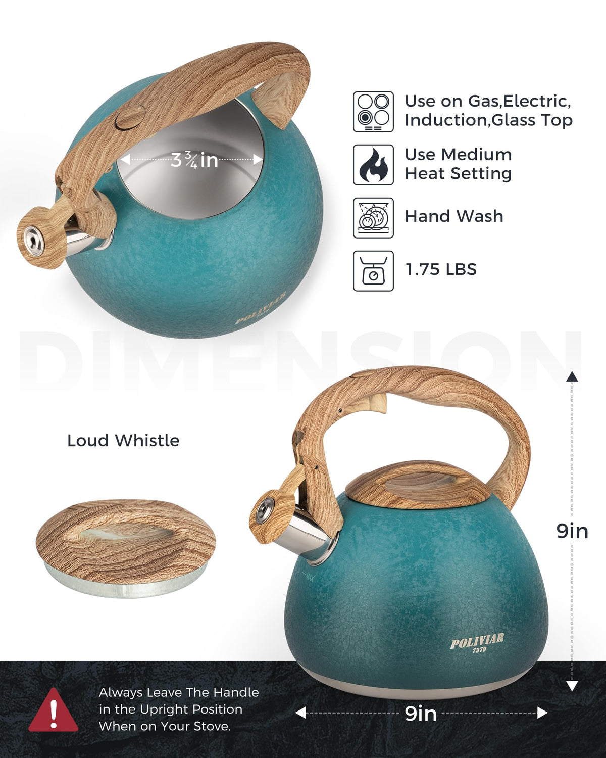POLIVIAR Tea Kettle, 2.7 Quart Natural Stone Finish with Wood Pattern Handle Loud Whistle Food Grade Stainless Steel Teapot, Anti-Hot Handle and Anti-Rust, Suitable for All Heat Sources (JX2018-GR20)