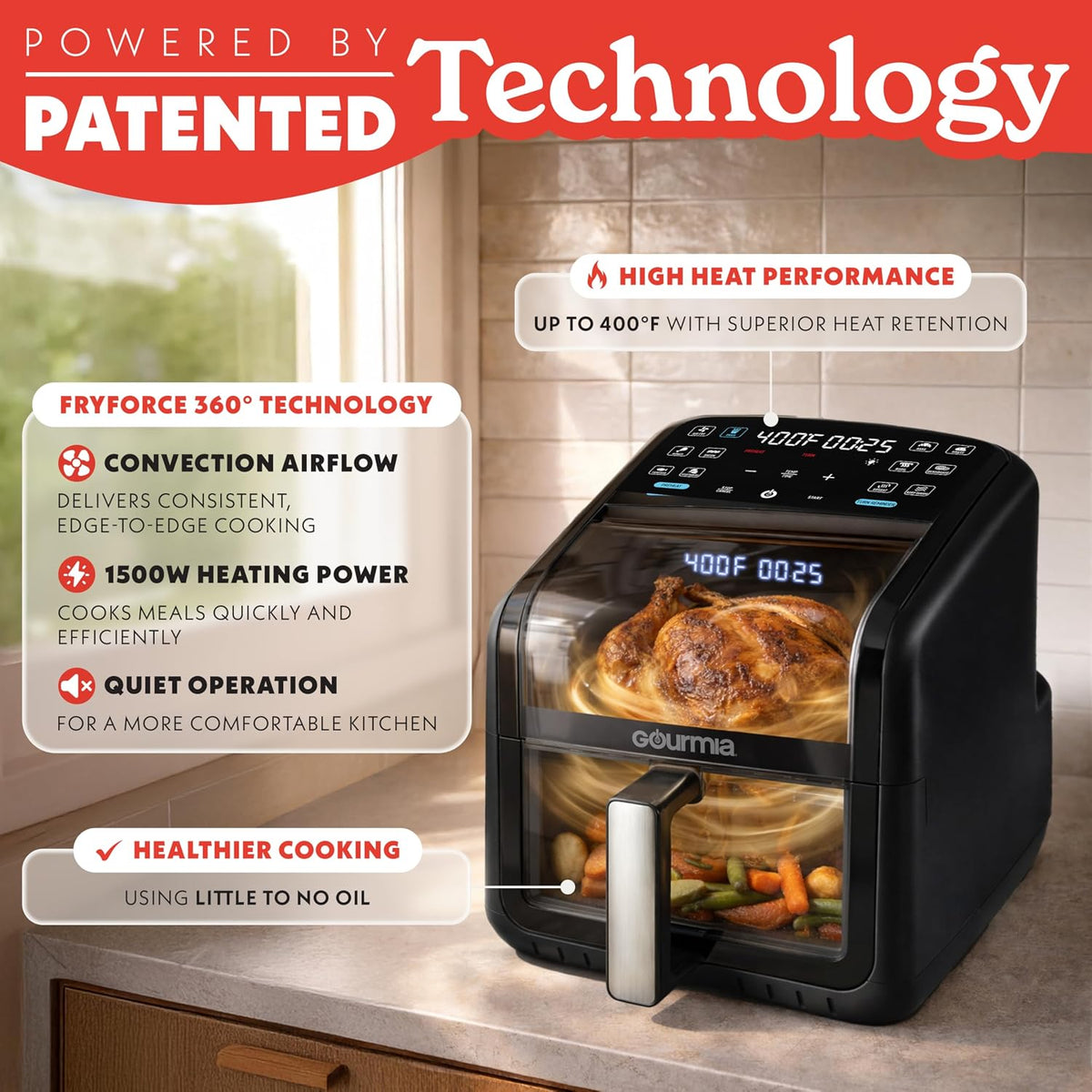 Gourmia Air Fryer - 7 Qt Basket Capacity with Panorama Window, Black