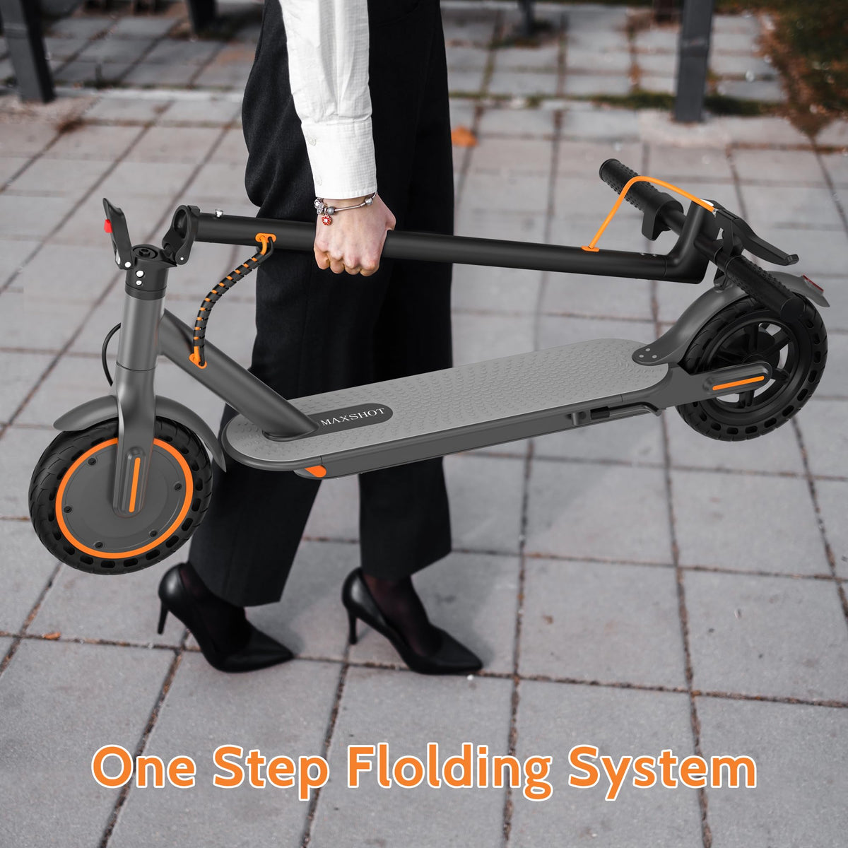 Maxshot Electric Scooter, 8.5" /10" /14" Tire, 16/19/22 Mph Top Speed, 12/16/21/27/28/49/50 Miles Long Range, Folding Escooter for Adults and Kids with Seat Bag, Dual Braking, Dual Suspension, App