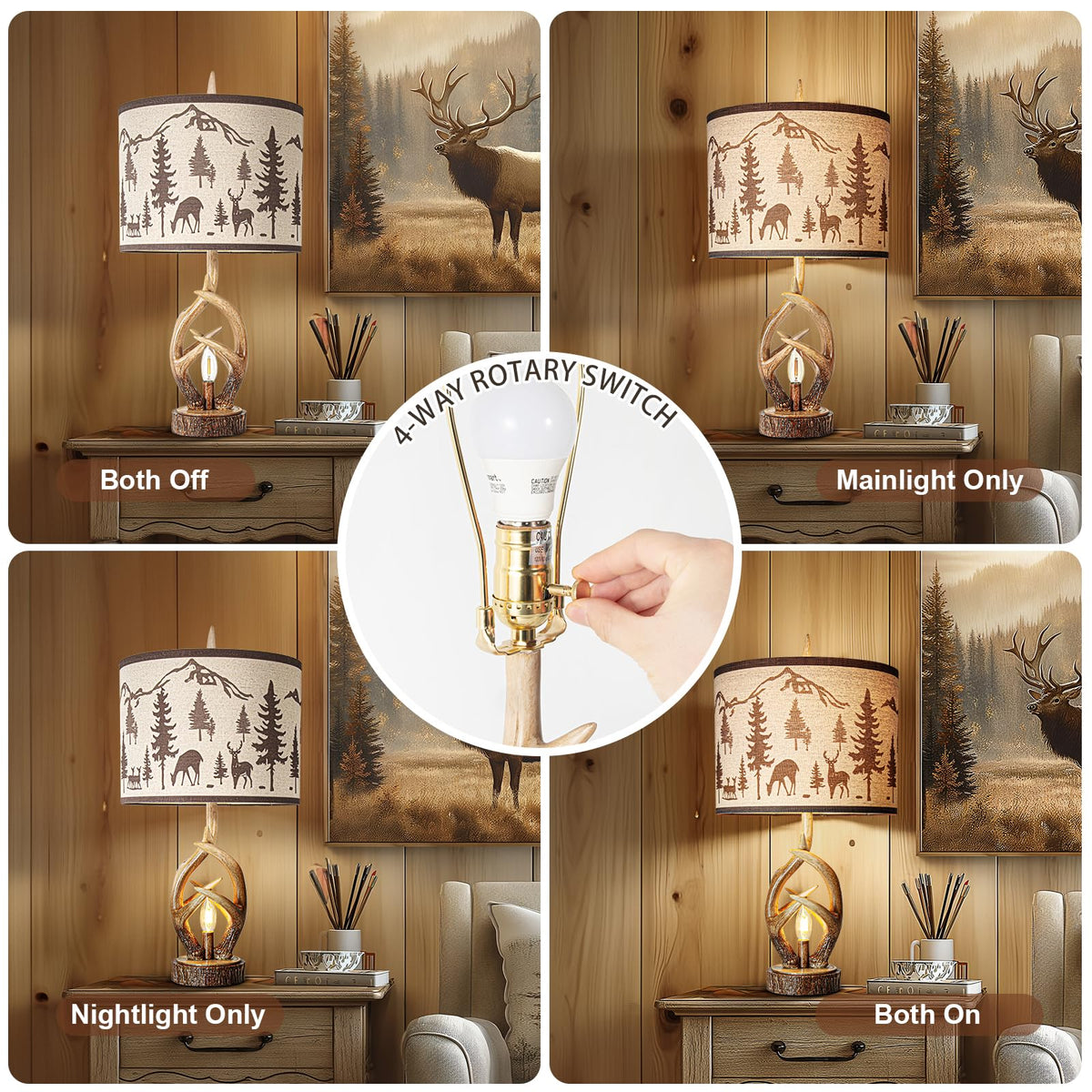 Scenekoy Deer Antler Table Lamp Set of 2 with Nightlight for Living Room
