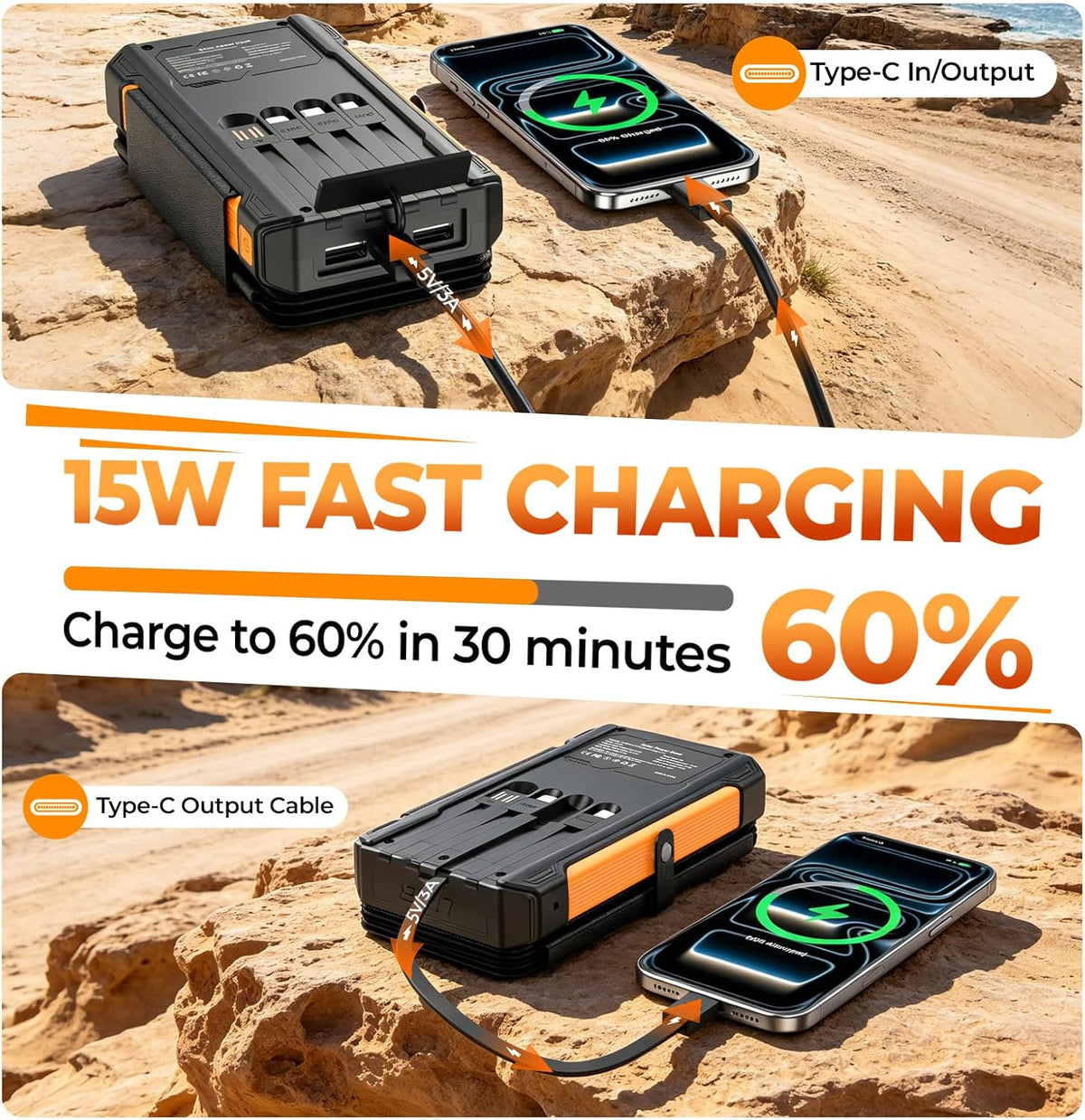 Solar Charger Power Bank 20000mAh Portable Charger Built-in 4 Cables(Micro/USB-C/Ios Output Cable,USB-A Input Cable) & 4 Solar Panels, 15W Fast Charging Battery Pack with Flashlight for Camping Travel