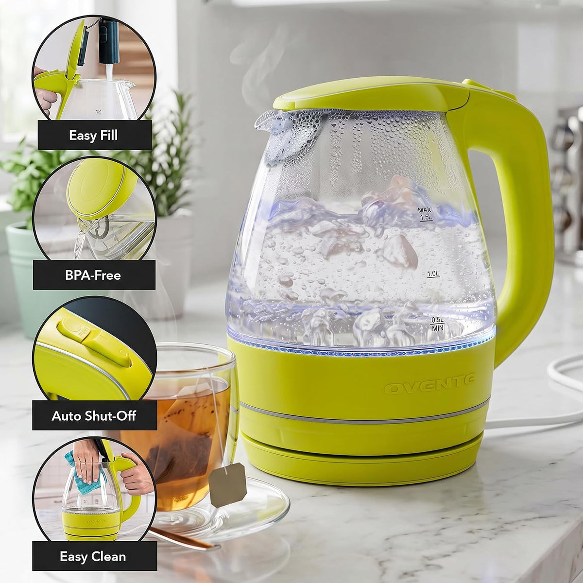 OVENTE 1.5L Glass Electric Kettle Water Boiler, Black KG83B