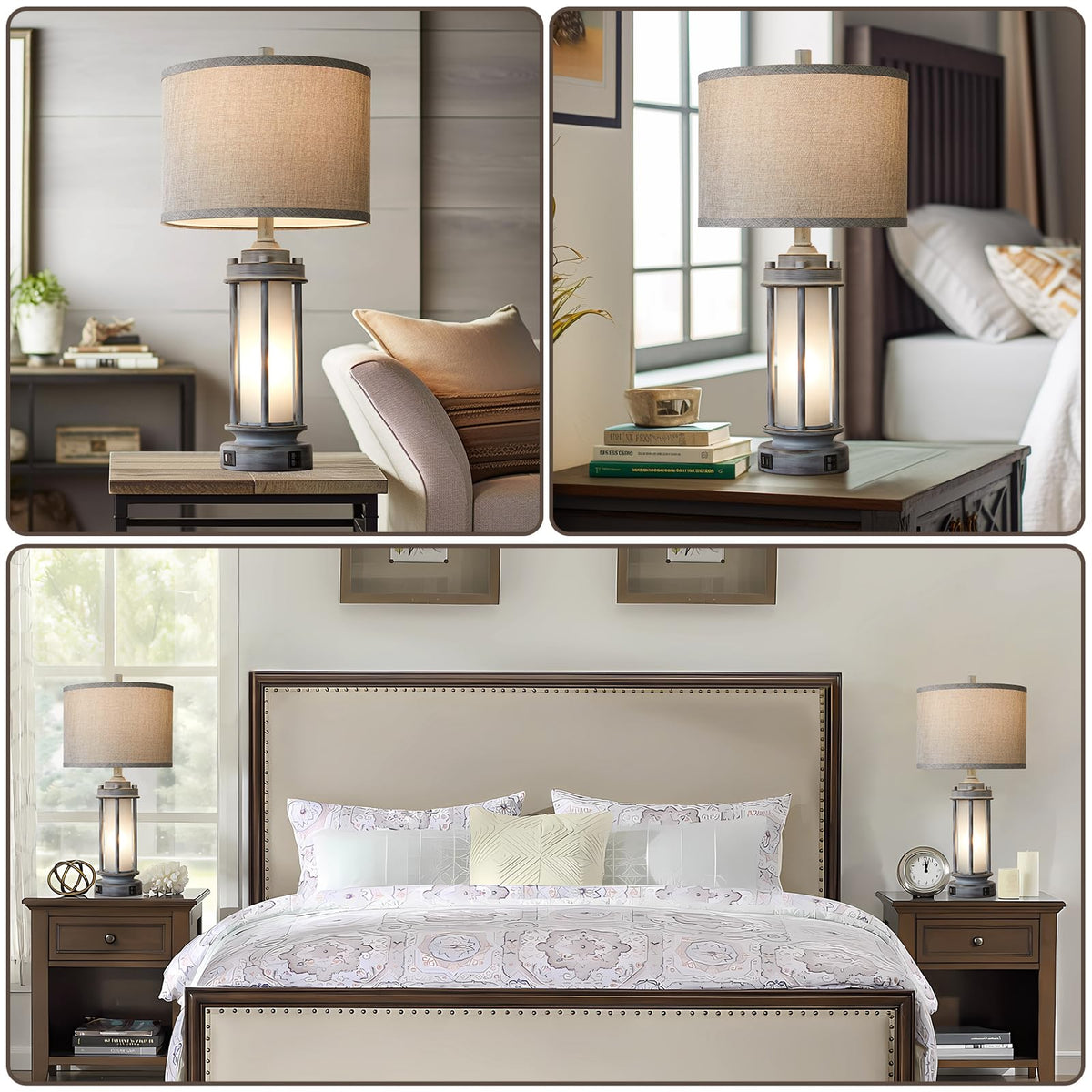 AIEAMPDO 25'' Set of 2 Farmhouse Table Lamps for Living Room with USB C+A