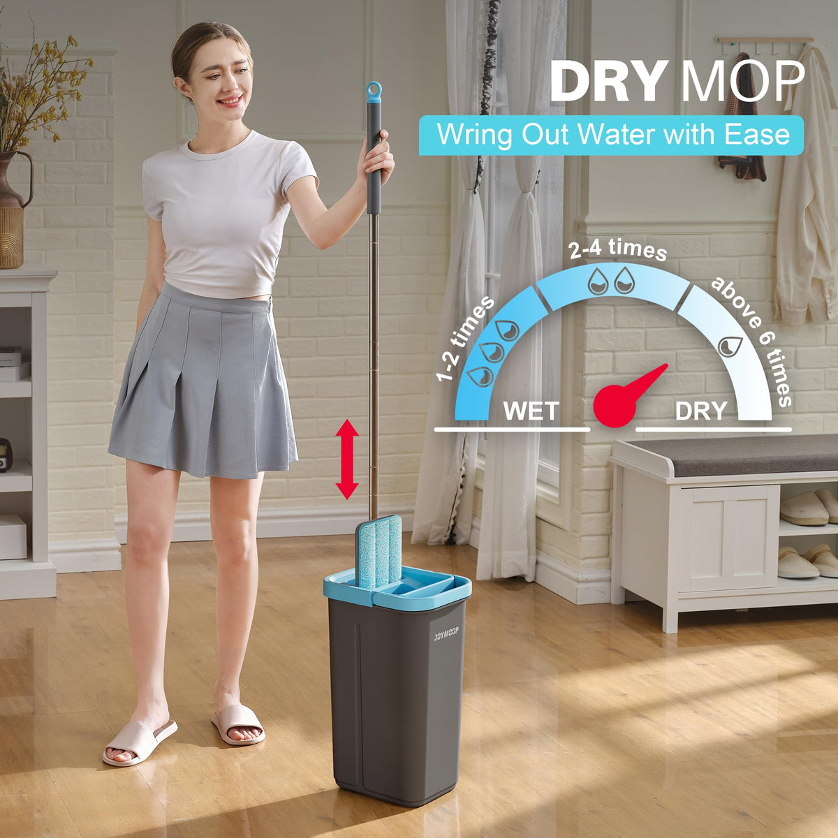 JOYMOOP Flat Mop System, Microfiber Mop and Bucket Set, White, Commercial & Household Use, Hardwood Floor & Wall Cleaning Mop with Long Handle, 4 Microfiber Pads