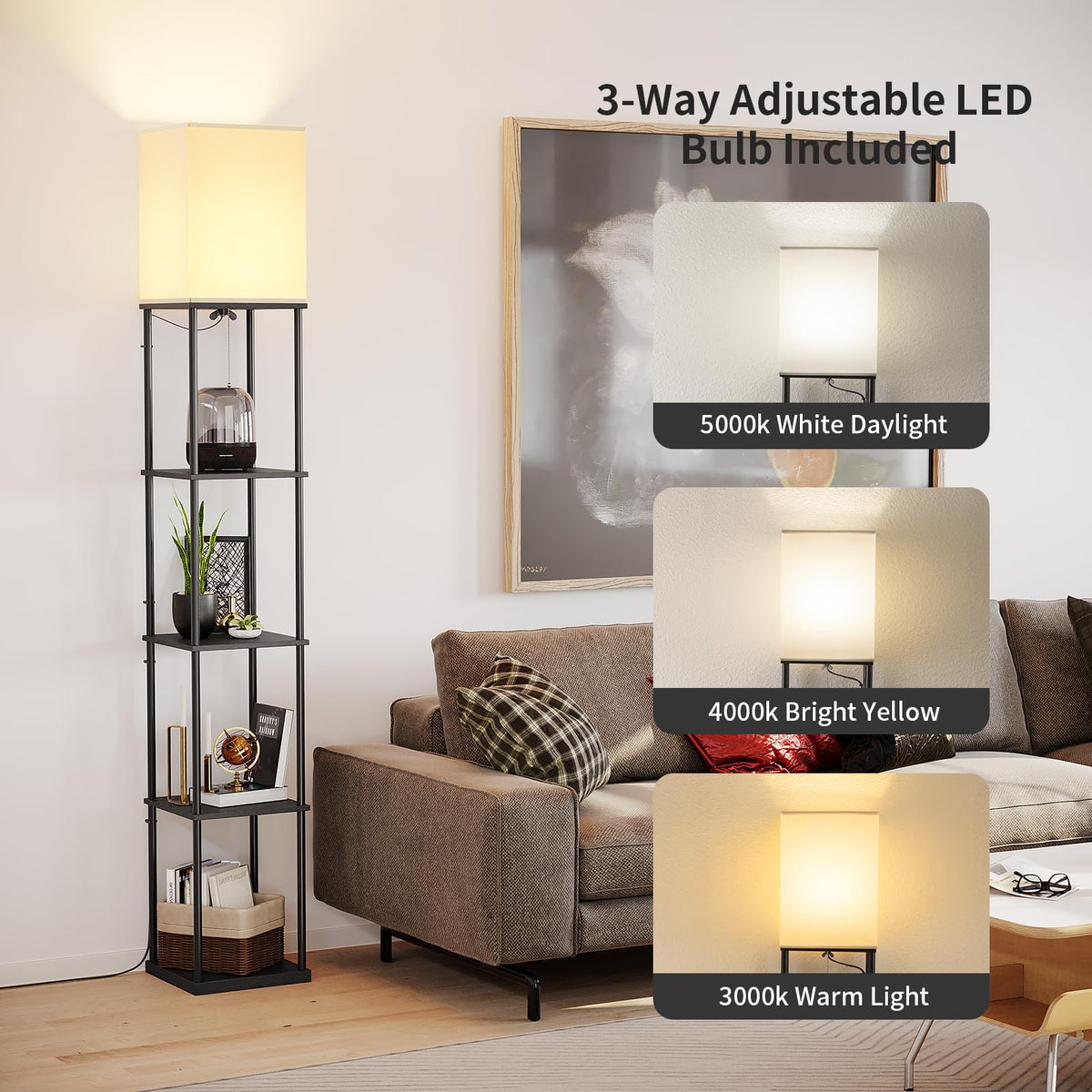 SUNMORY Floor Lamp with Shelves, Standing Lamps for Living Room, Black