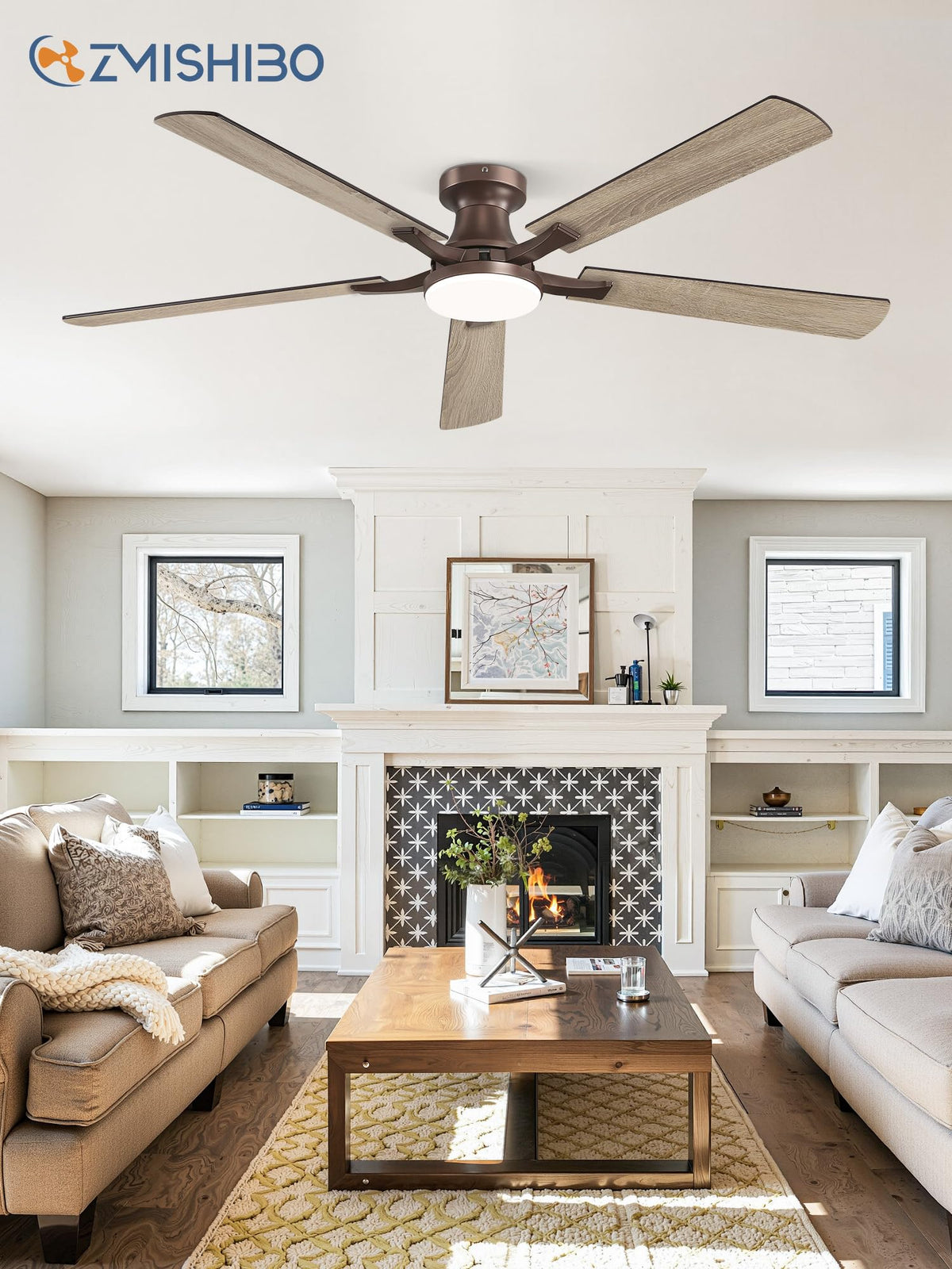 ZMISHIBO 52 Inch Ceiling Fans with Lights, Remote&App Control, Flush Mount