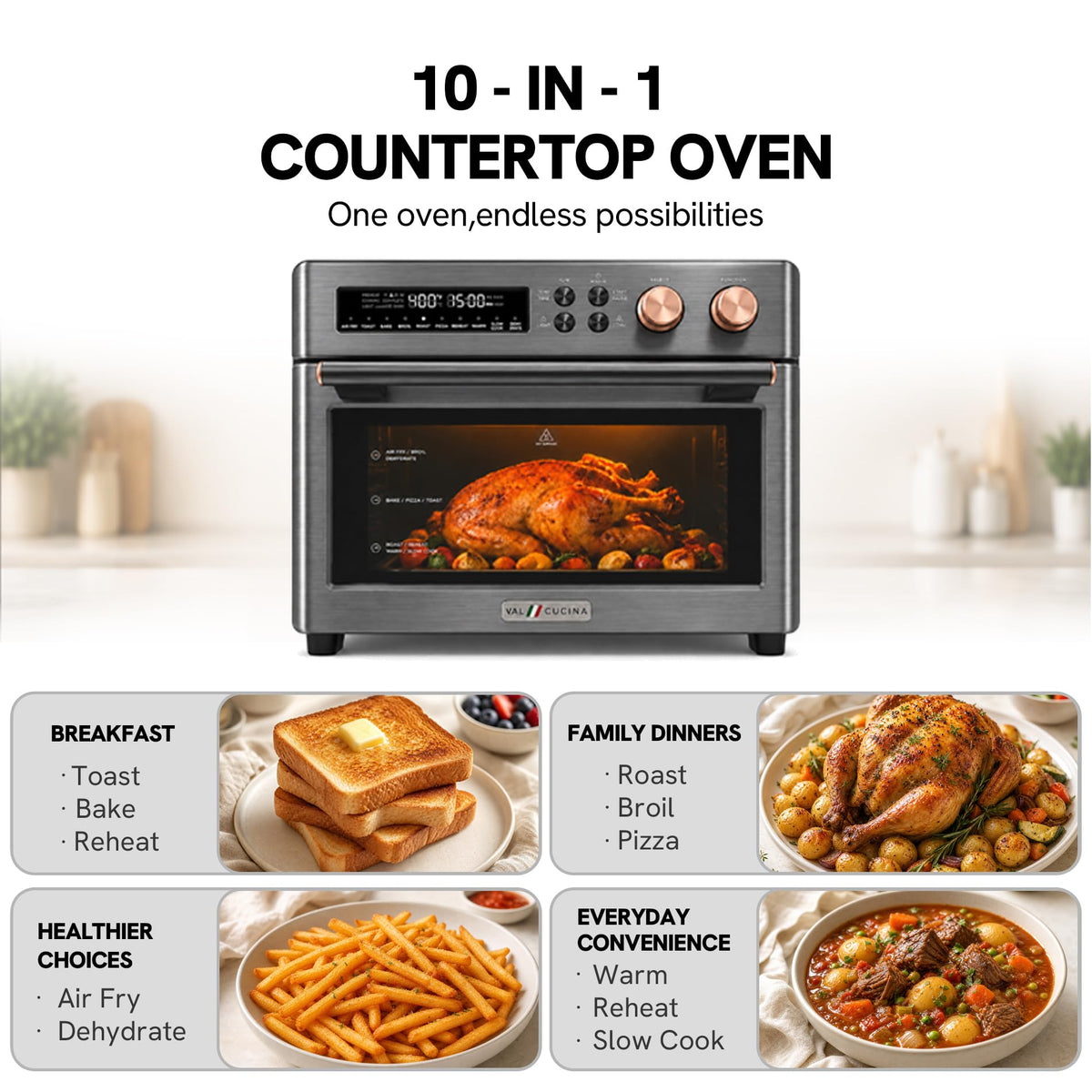 VAL CUCINA 26.3 QT Infrared Air Fryer Toaster Oven Combo, 10-in-1