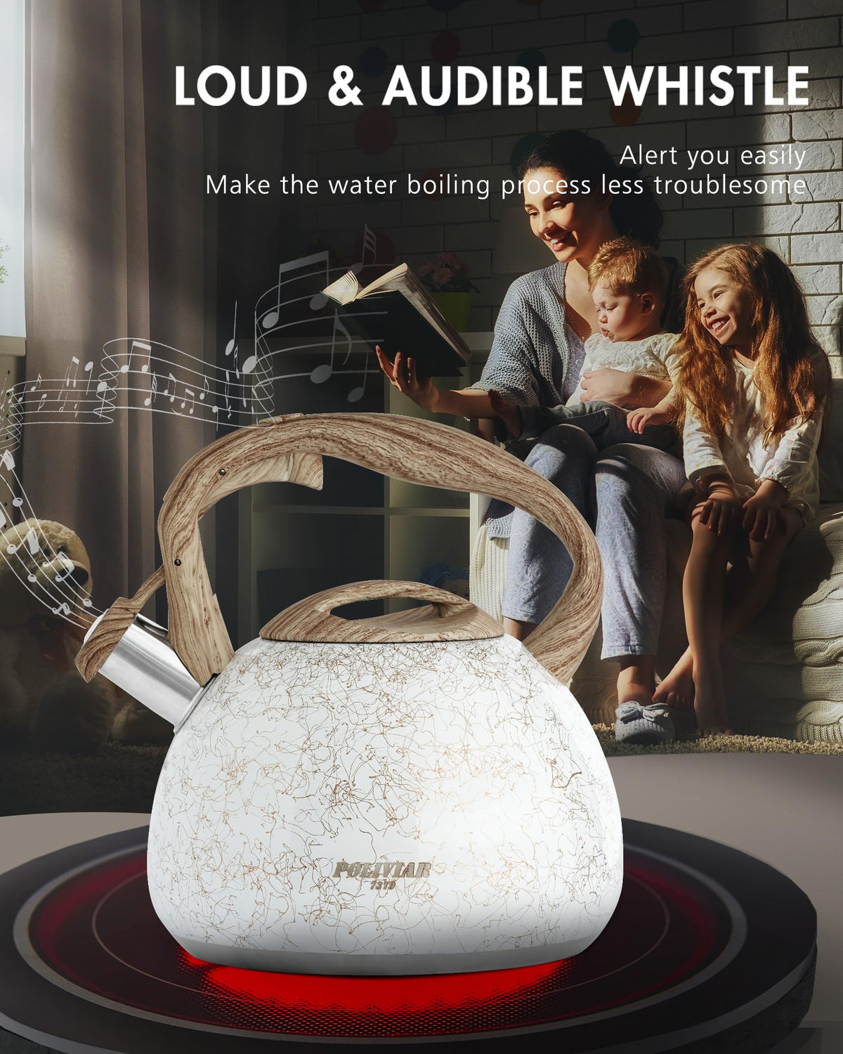 POLIVIAR Tea Kettle, 2.7 Quart Natural Stone Finish with Wood Pattern Handle Loud Whistle Food Grade Stainless Steel Teapot, Anti-Hot Handle and Anti-Rust, Suitable for All Heat Sources (JX2018-GR20)