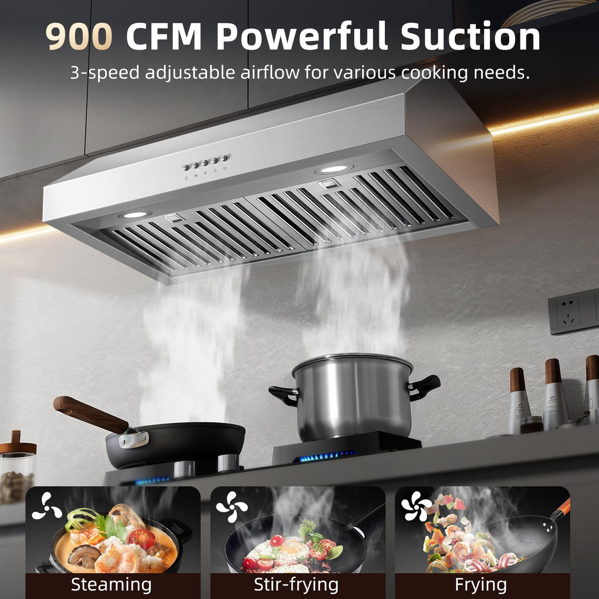 Under Cabinet Range Hood 30 inch, 900 CFM, Remote Control, Time Setting