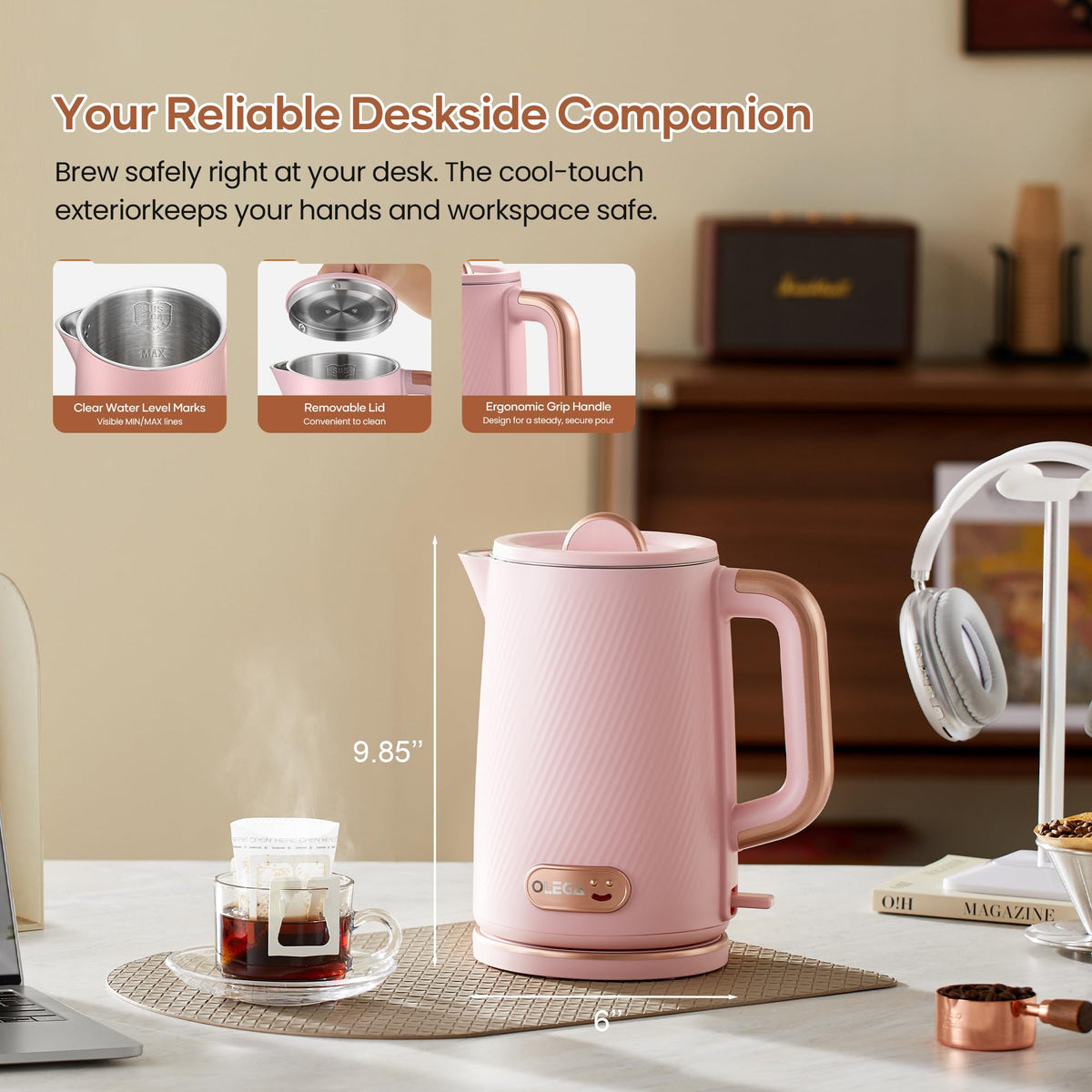 OLEGA Electric Kettle: 1200W Fast Boil Electric Water Kettles, 1.5L Double Wall Stainless Steel Tea Kettle, Auto Shut-Off, BPA-Free Hot Water Boiler Teapot for Coffee & Tea -Ligth Green
