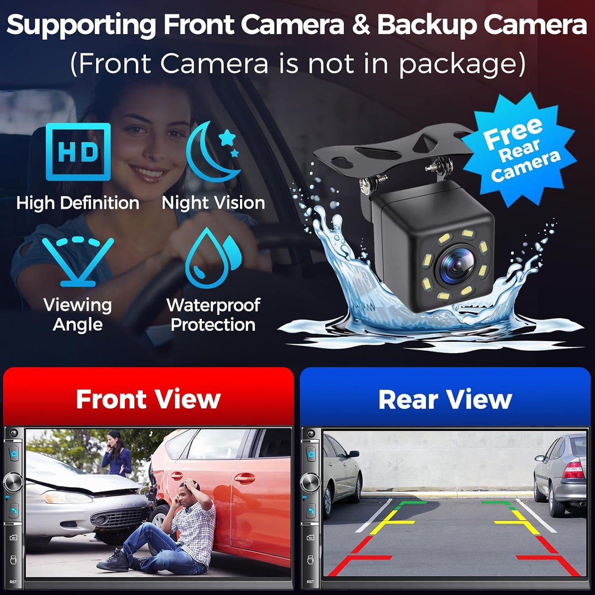Double Din Car Stereo with 7" HD Touchscreen, Wireless Apple Carplay & Android Auto, Bluetooth, 240W, SWC, Subwoofer Output, Mirror Link, FM/AM Car Radio Receiver, Backup Camera
