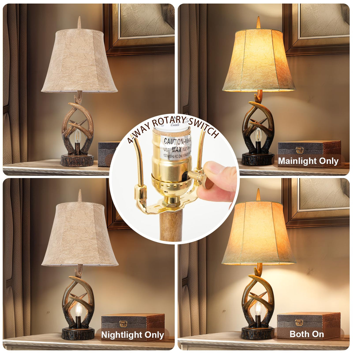 Scenekoy Deer Antler Table Lamp Set of 2 with Nightlight for Living Room