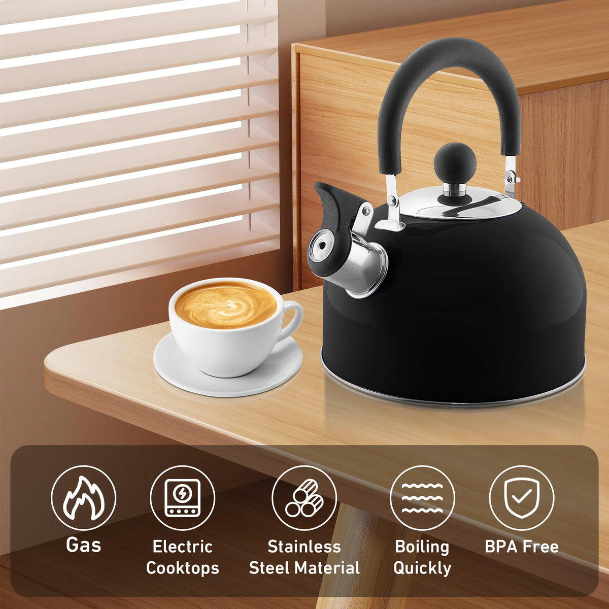 Lily's Home 2 Quart Stainless Steel Whistling Tea Kettle, the Perfect Stovetop Tea and Water Boilers for Your Home, Dorm, Condo or Apartment. (Blue)