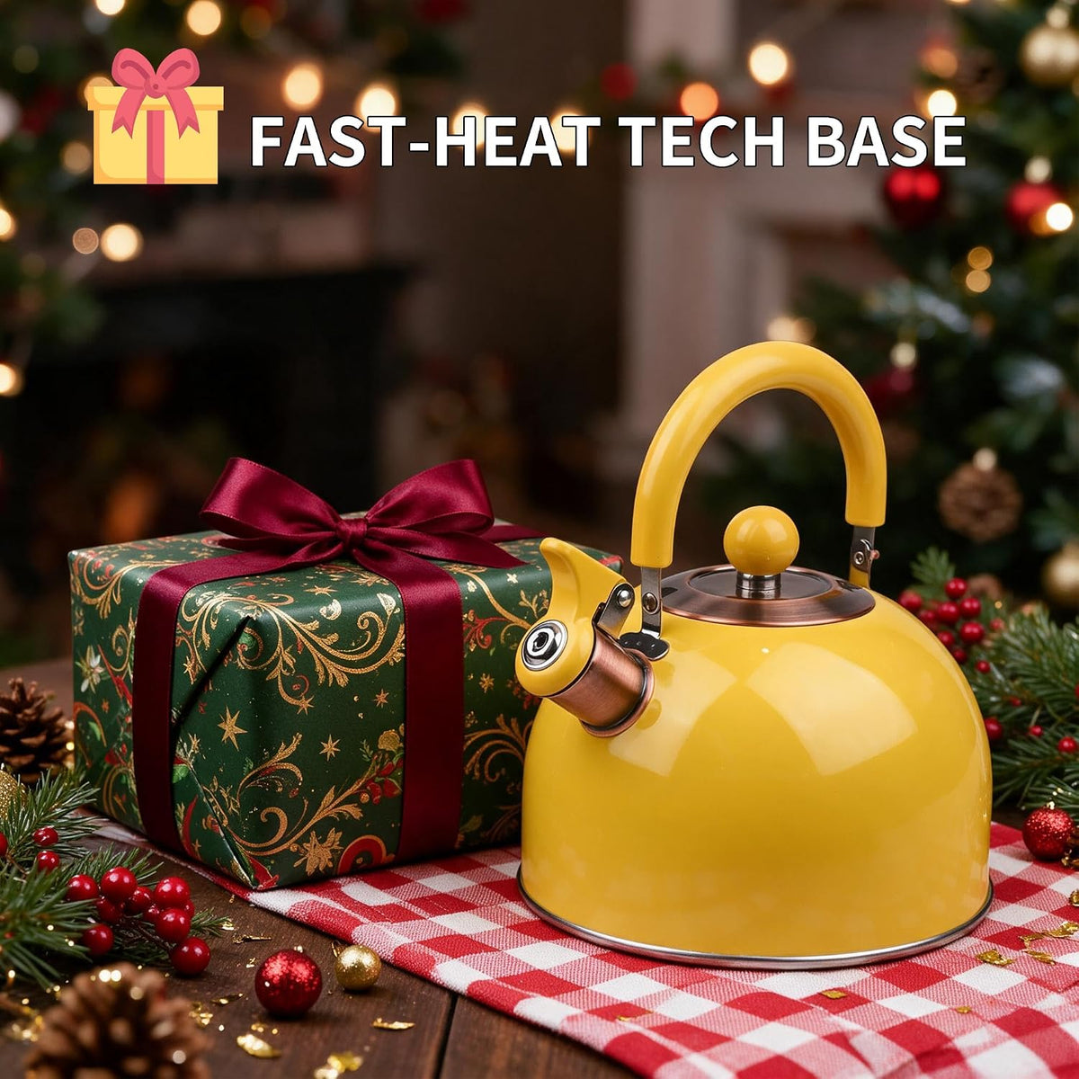 2.6 Quart Yellow Whistling Tea Kettle, Multiple Color Available, Stainless Steel Stovetop Teapot with Cool-Touch Handle, Loud Whistle, Induction Compatible for Gas, Electric & Glass Cooktops