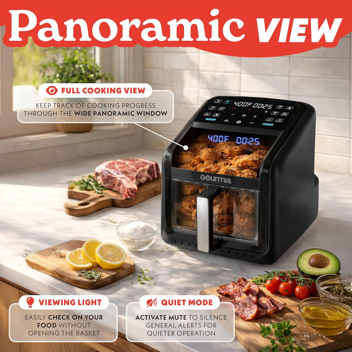 Gourmia Air Fryer - 7 Qt Basket Capacity with Panorama Window, Black