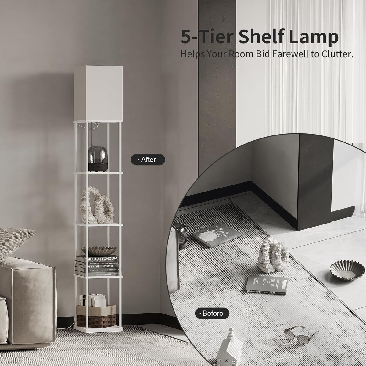 SUNMORY Floor Lamp with Shelves, Standing Lamps for Living Room, Black