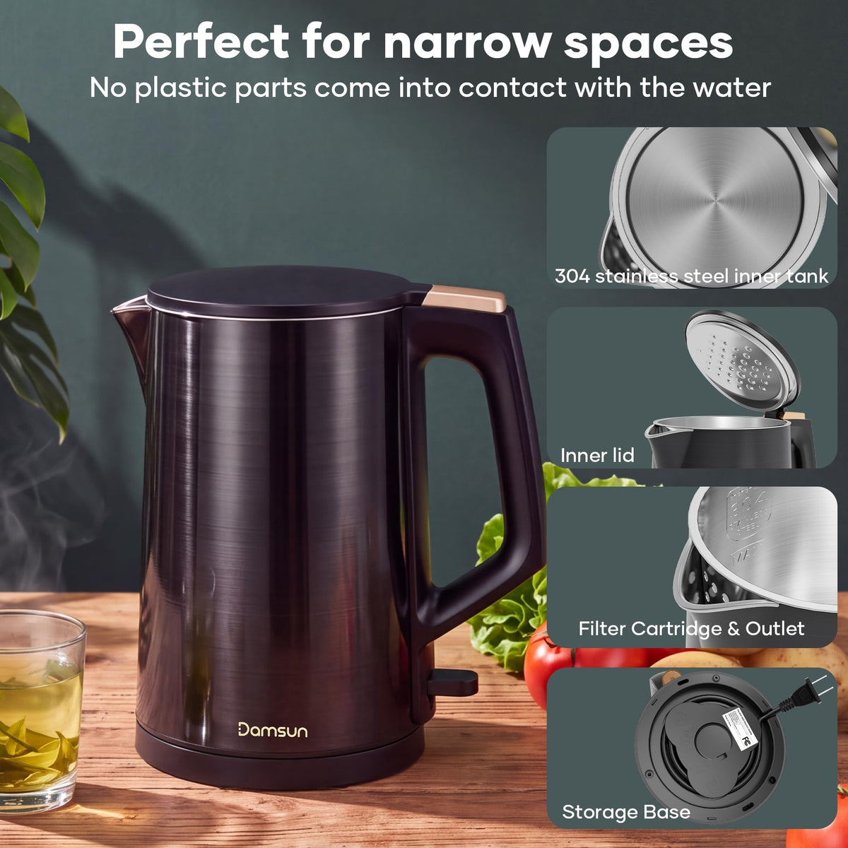 Damsun 1.7L Stainless Steel Electric Kettle, 1500W Rapid Boil, Black