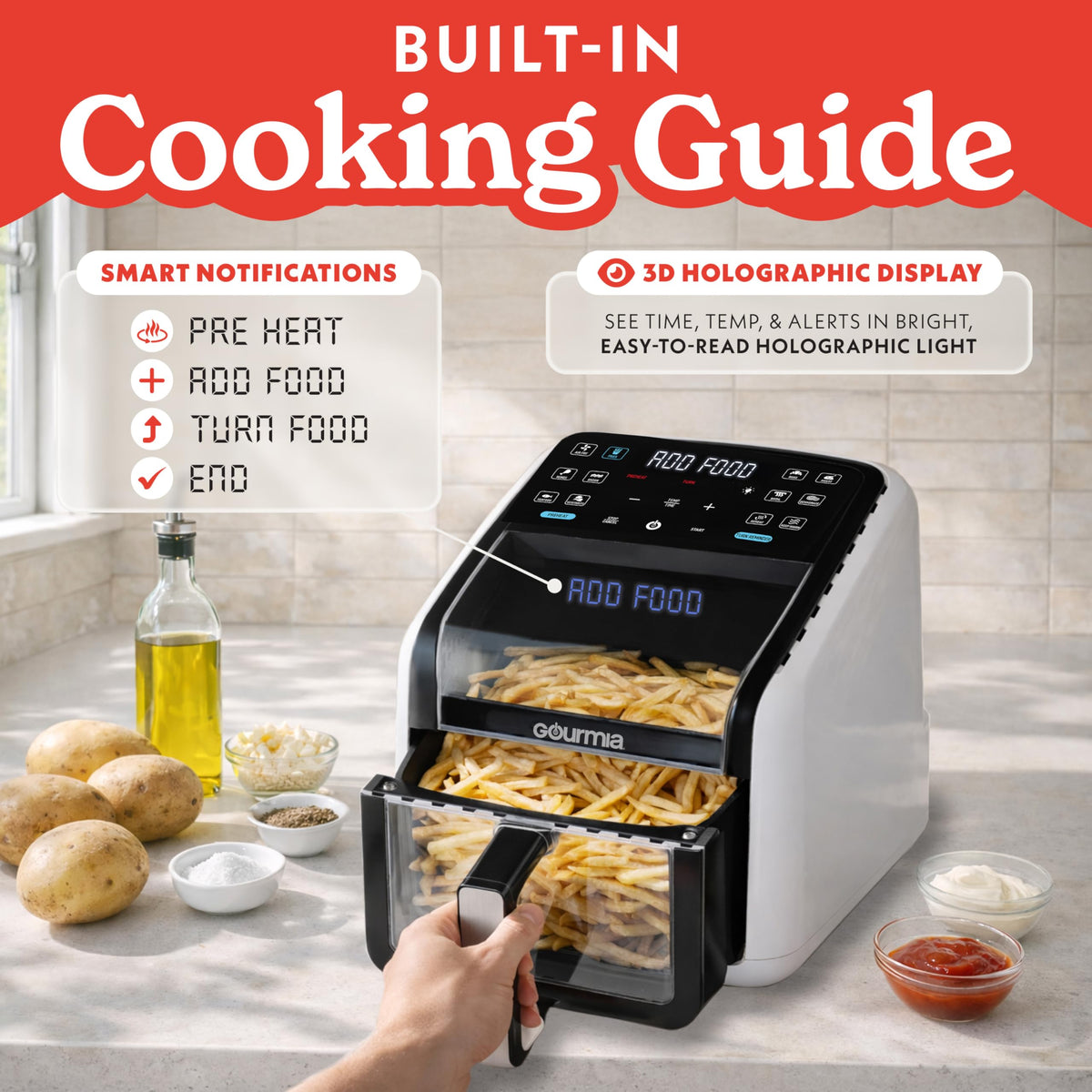 Gourmia Air Fryer - 7 Qt Basket Capacity with Panorama Window, Black