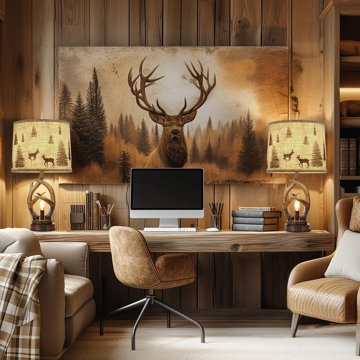 Scenekoy Deer Antler Table Lamp Set of 2 with Nightlight for Living Room