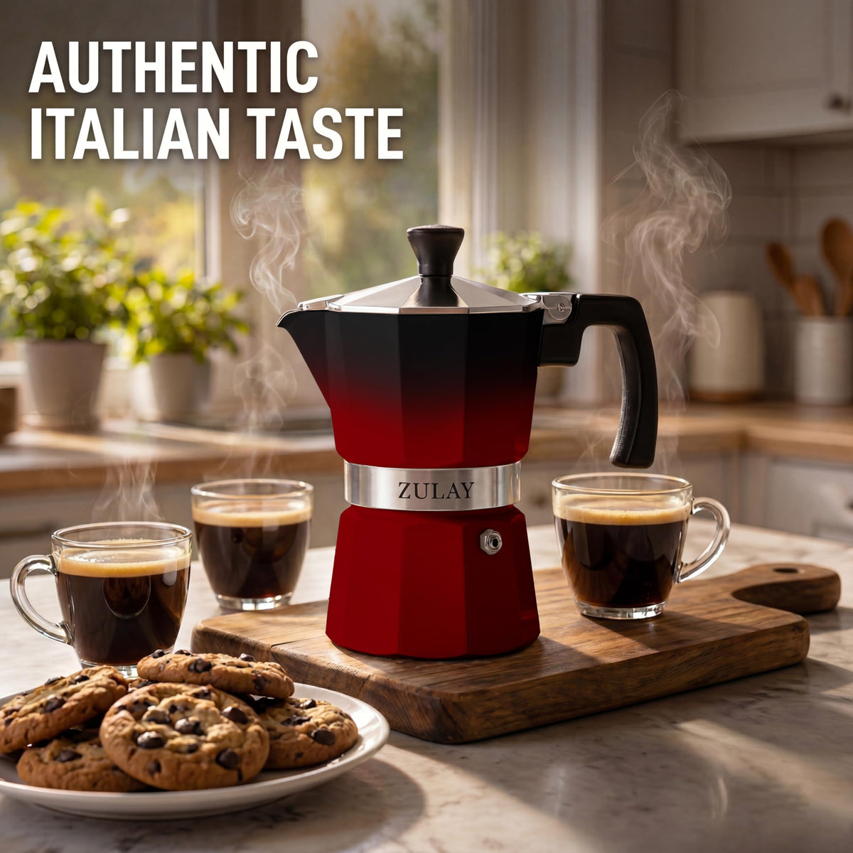 Zulay Moka Pot Espresso Stovetop Coffee Maker - Leak-Proof, Stainless Steel, Easy to Clean, Heat Resistant Handle & Knob - for Authentic Cuban & Italian Style Espresso - Makes 6 Espresso Cups - Red