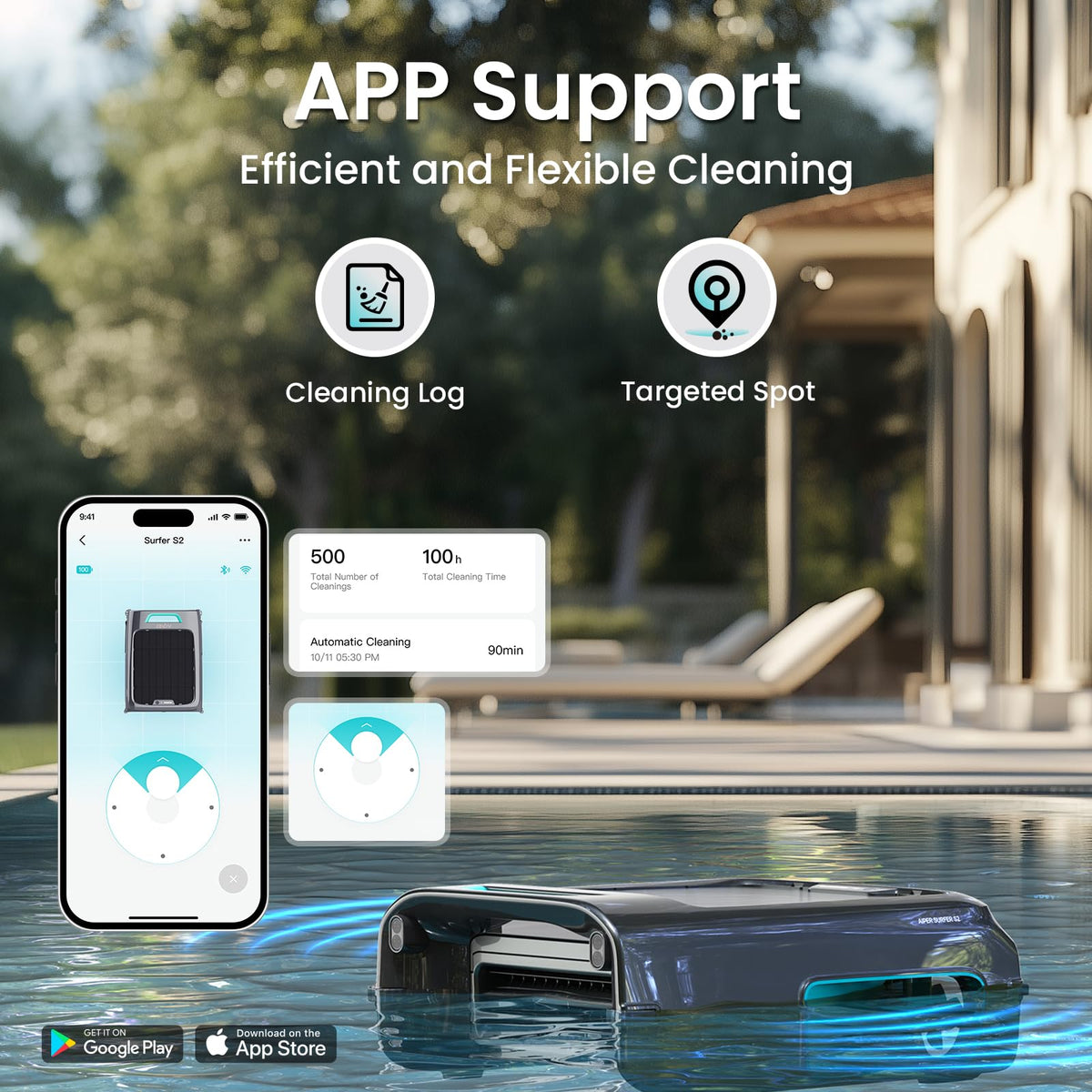 AIPER EcoSurfer S2 Solar Pool Skimmer Robot 24/7 Continuous Cleaning, Gray