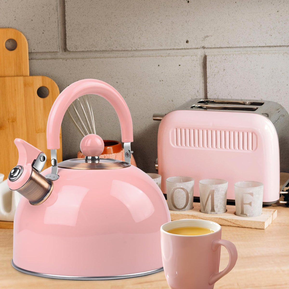 2.6 Quart Yellow Whistling Tea Kettle, Multiple Color Available, Stainless Steel Stovetop Teapot with Cool-Touch Handle, Loud Whistle, Induction Compatible for Gas, Electric & Glass Cooktops