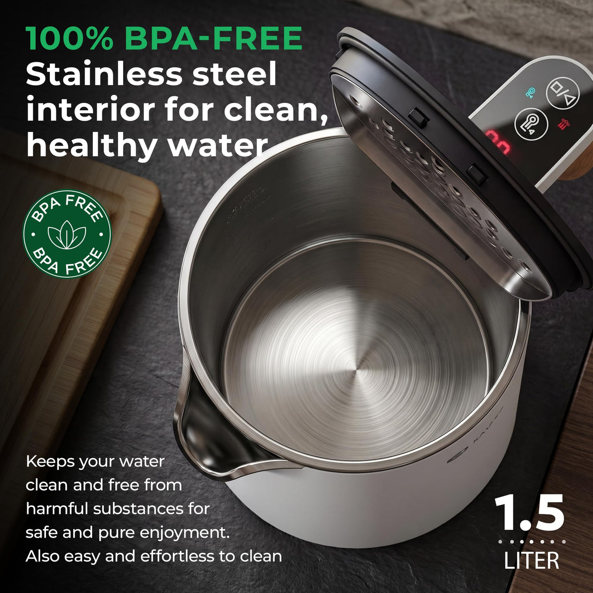 BALTER Electric Kettle with Temperature control, 113 °F – 212 °F, Tea pot, Stainless steel, double wall water kettle, BPA-free, 1.5 L, Black