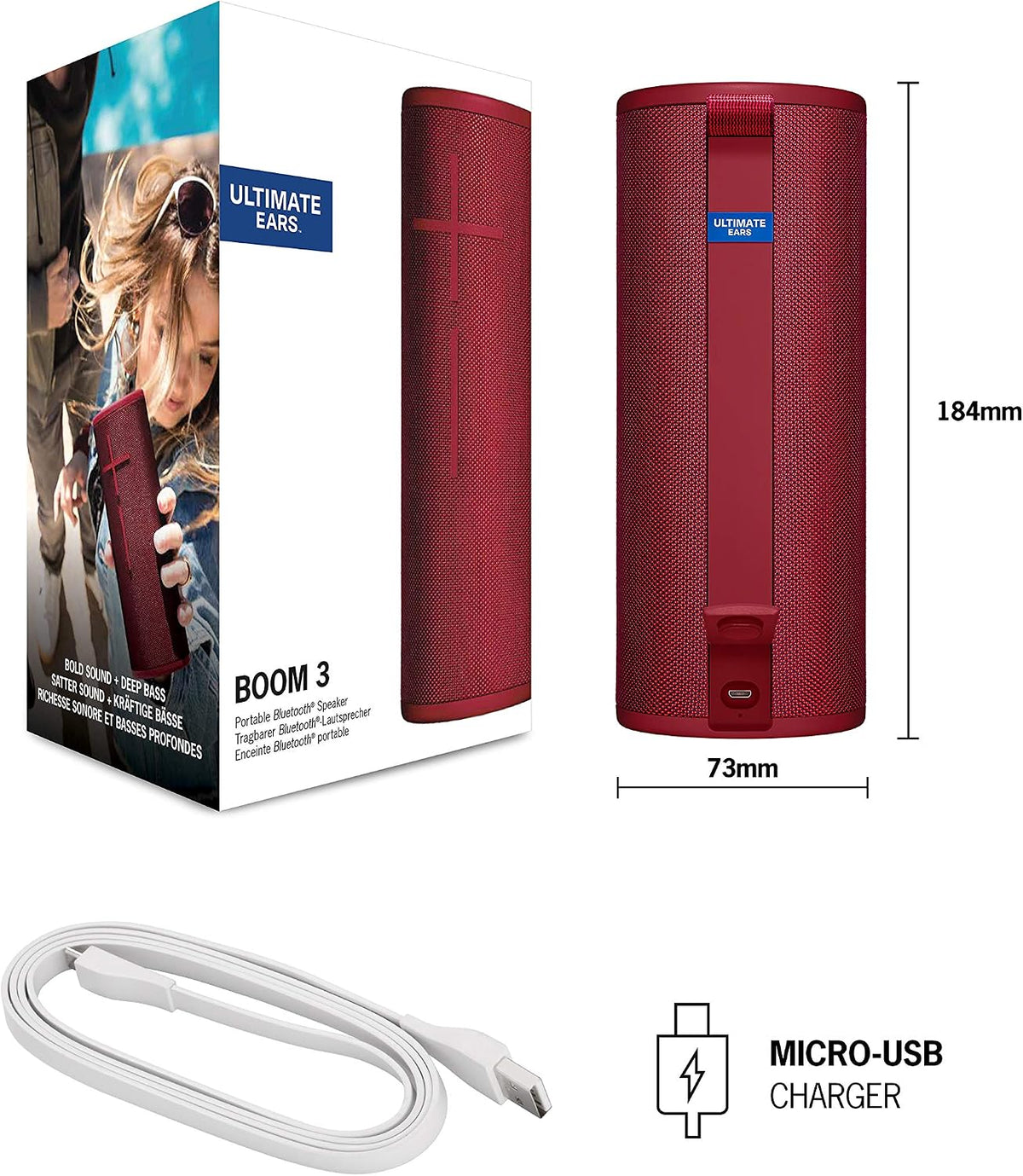 Ultimate Ears Boom 3 Wireless Bluetooth Speaker, Bold Sound + Deep Bass, Bluetooth, Magic Button, Waterproof, 15 Hours Battery, Range of 150 ft, Sunset Red