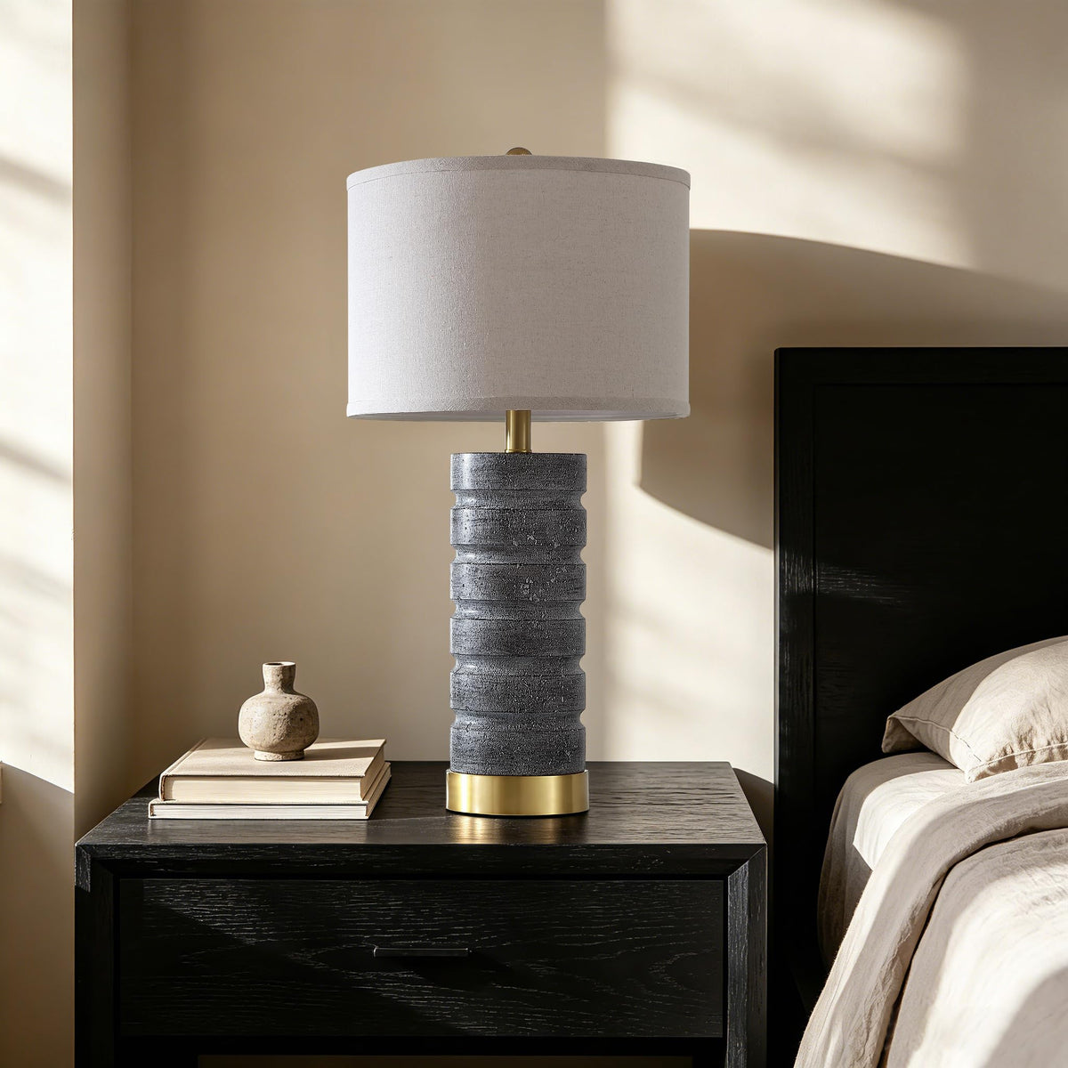 AIEAMPDO 26" Set of 2 Travertine Resin Table Lamps for Bedroom, Brass Base