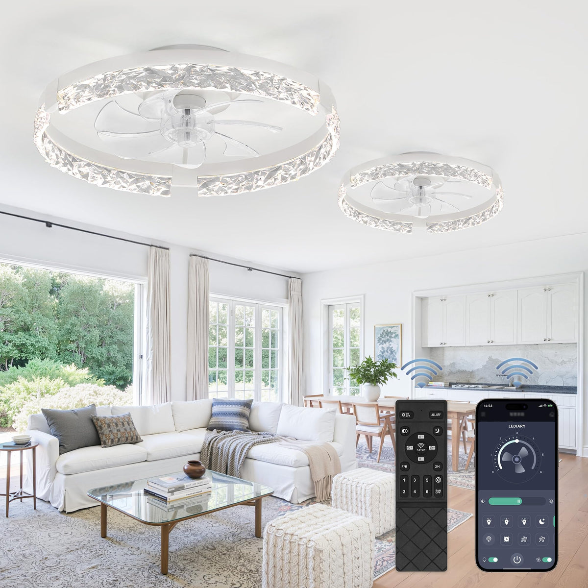 LEDIARY 20" Modern Ceiling Fans with Lights and Remote, White Fandelier